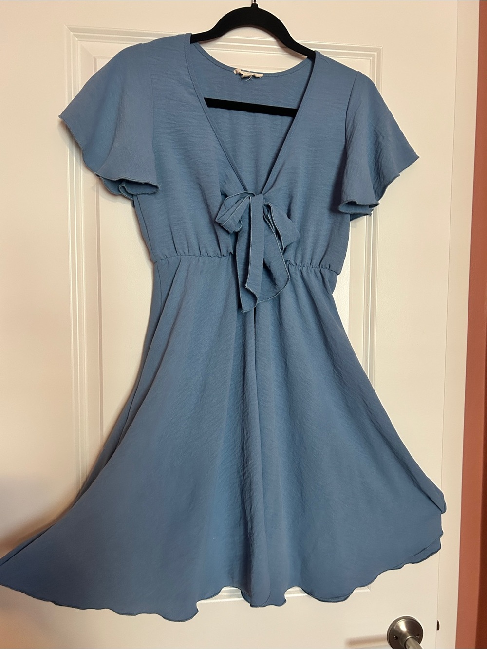 See You Monday Dusty Blue Tie-Front Flutter Sleeve A-Line Dress